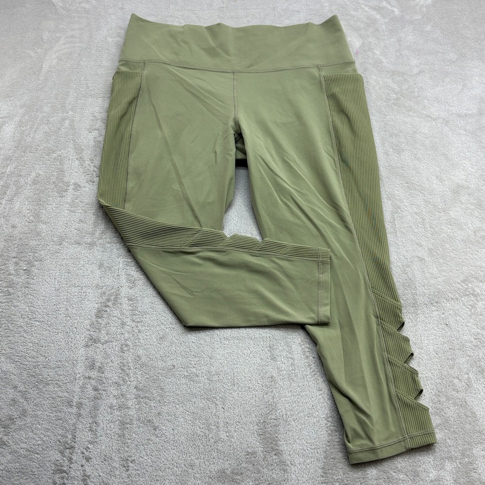 Athleta Salutation Stash Pocket II Cutout 7/8 Legging Women XL Green Ribbed Yoga